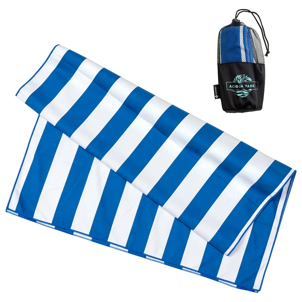 Sandpiper Beach Towel packed inside its net carrying pouch, travel-ready shot