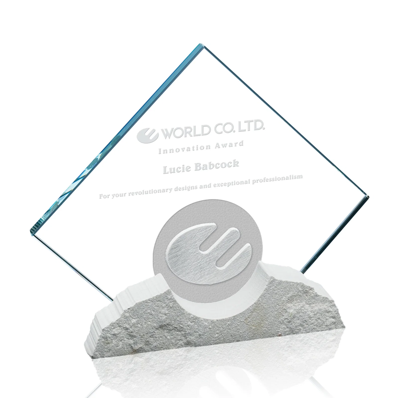 Custom Sandstone and Starfire Diamond Award with Aluminum Cutout for corporate award ceremonies