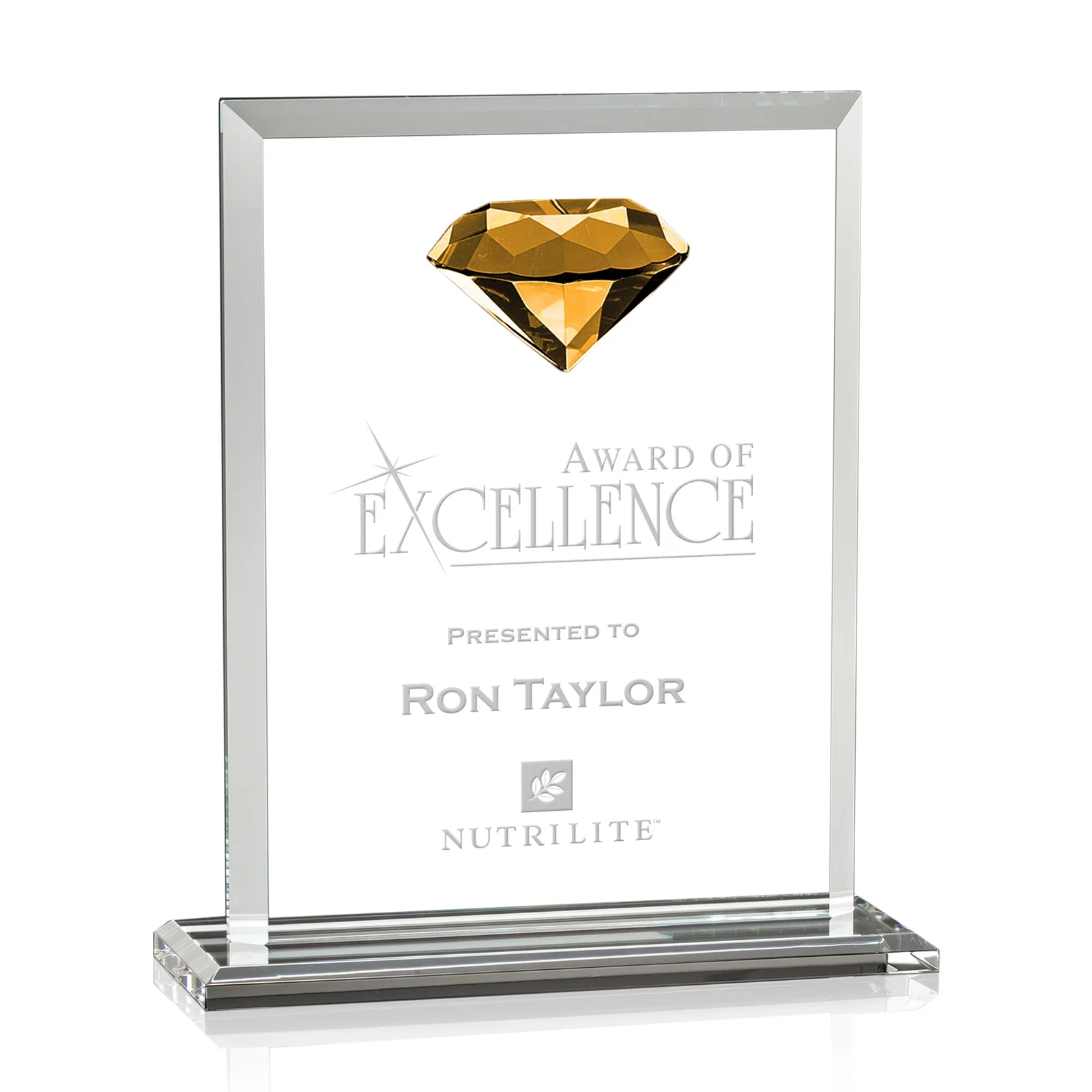 Custom Beveled Crystal Rectangle with Faceted Gemstone Accent, awards for volunteer appreciation