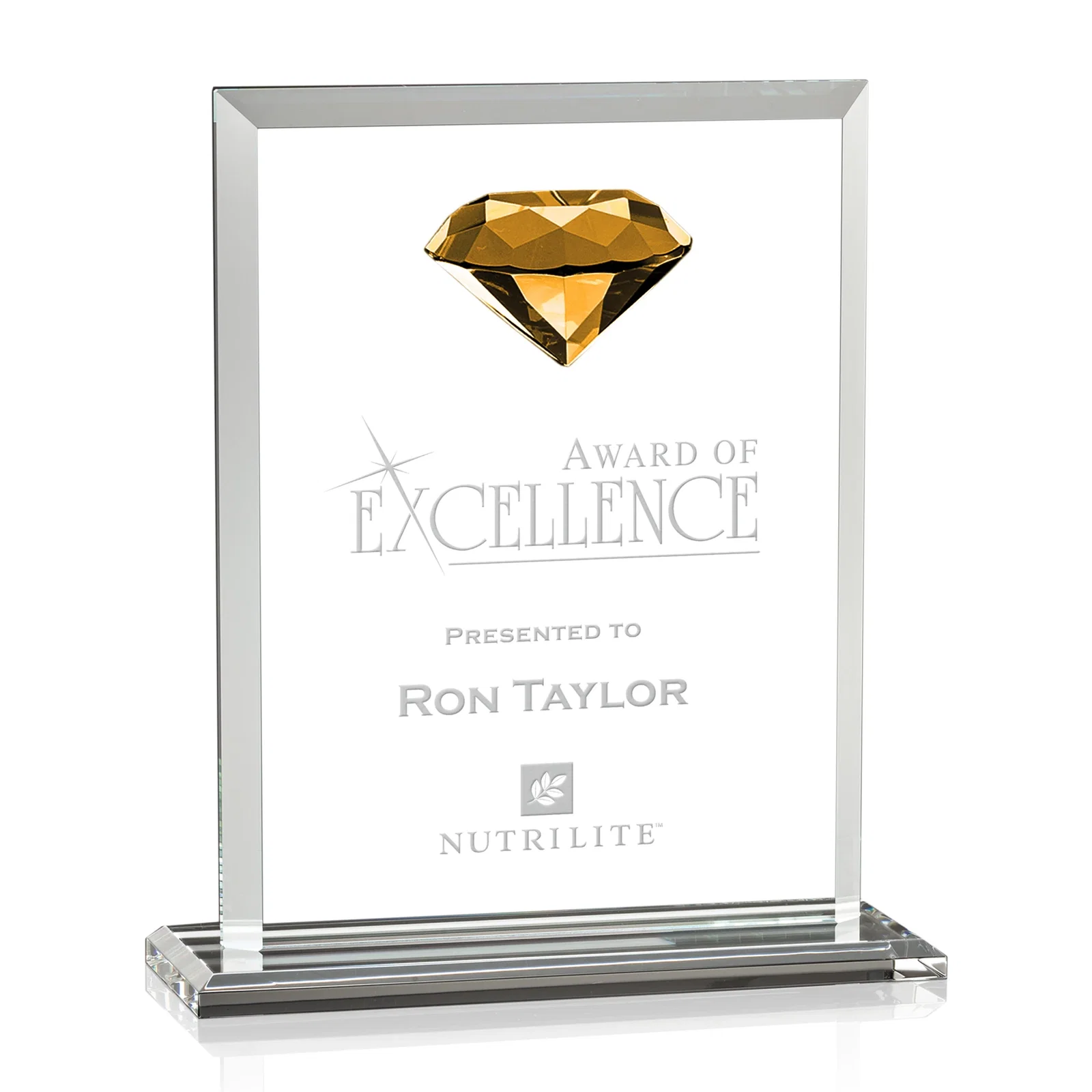 Custom Beveled Crystal Rectangle with Faceted Gemstone Accent, awards for dealer and partner awards