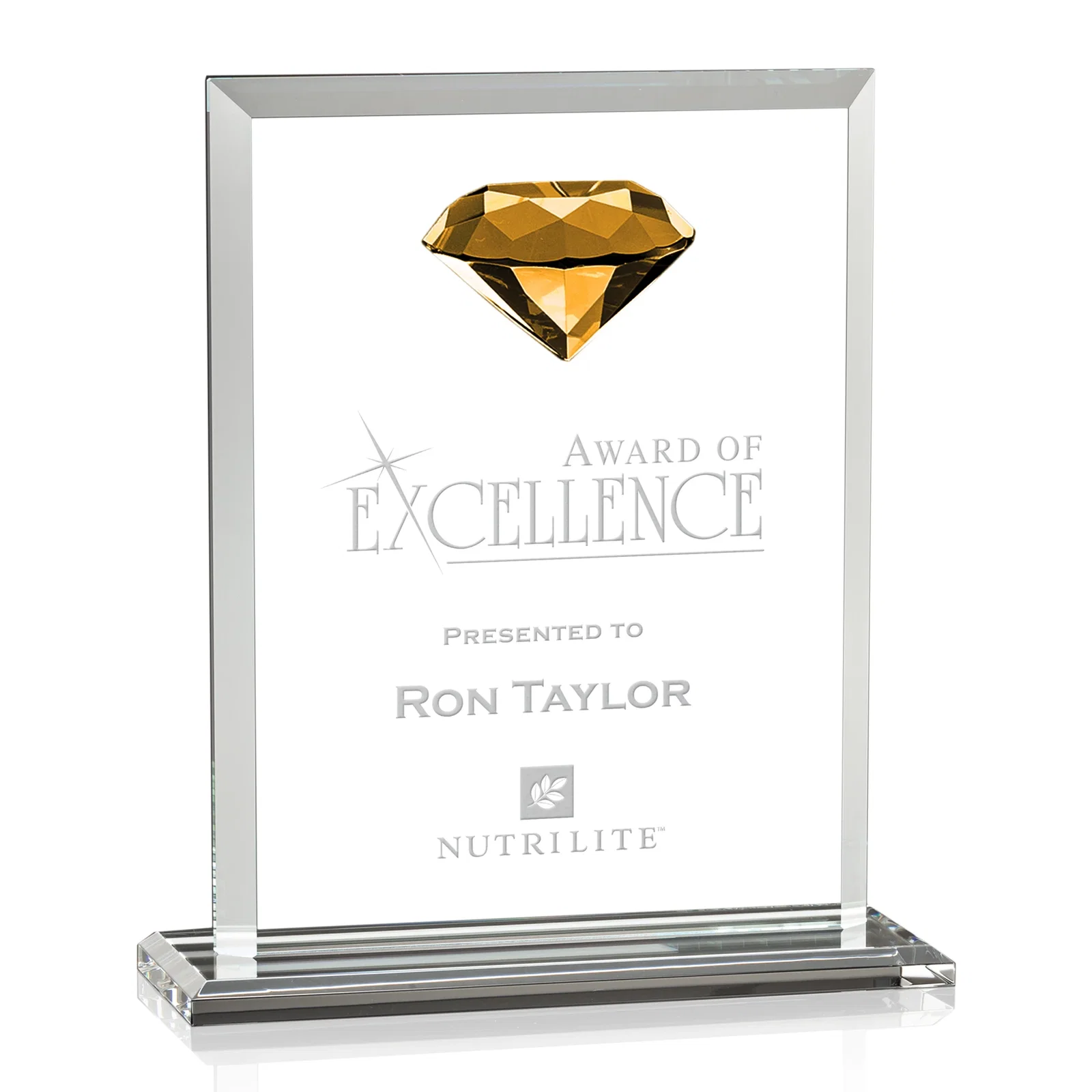 Custom Beveled Crystal Rectangle with Faceted Gemstone Accent, awards for company anniversary events