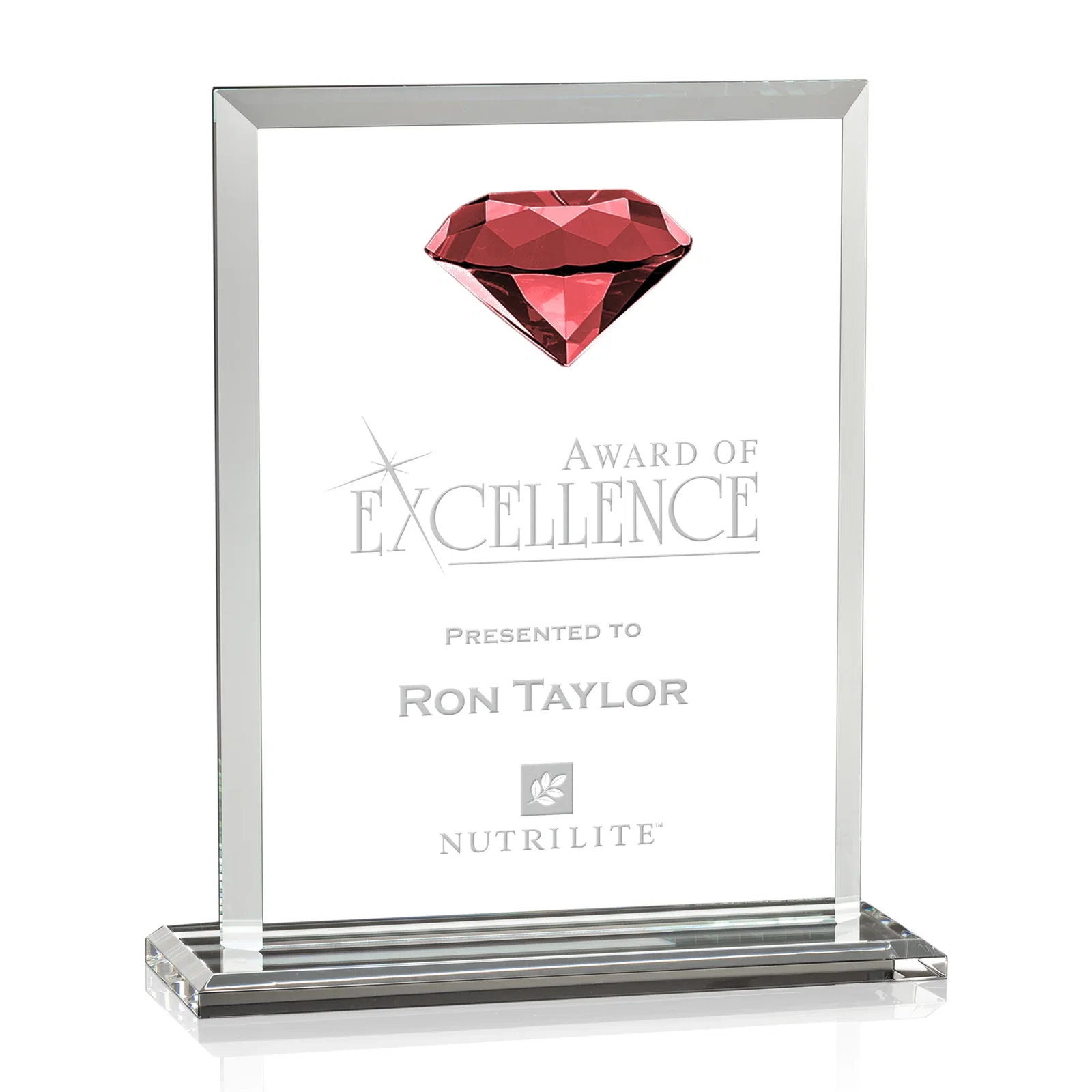 Personalized Beveled Crystal Rectangle with Faceted Gemstone Accent, awards for dealer and partner awards