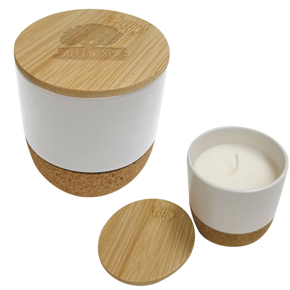 White candle in a short round vessel with a centered wick