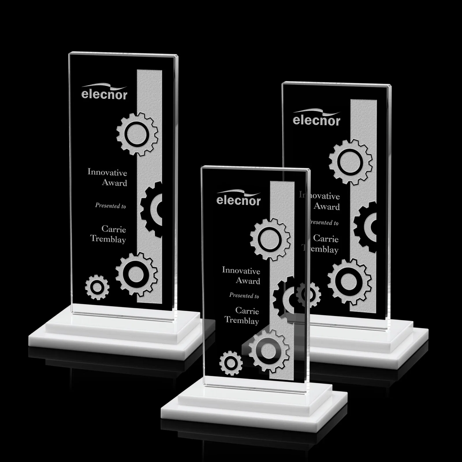 Custom Starfire Crystal Rectangle Award on Stepped White Base, awards for employee recognition