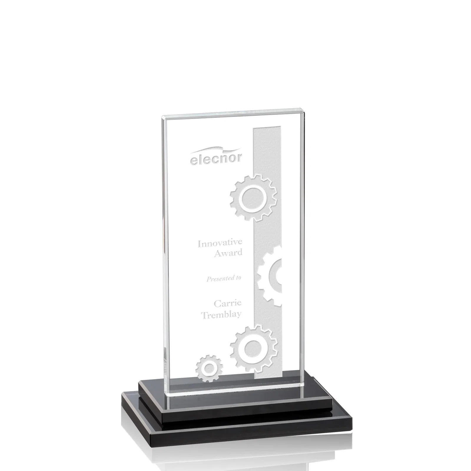 Custom Starfire Crystal Rectangle Award on Stepped White Base, awards for volunteer appreciation