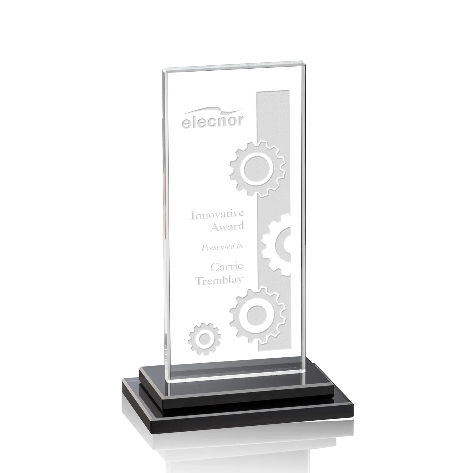 Custom Starfire Crystal Rectangle Award on Stepped White Base, awards for dealer and partner awards