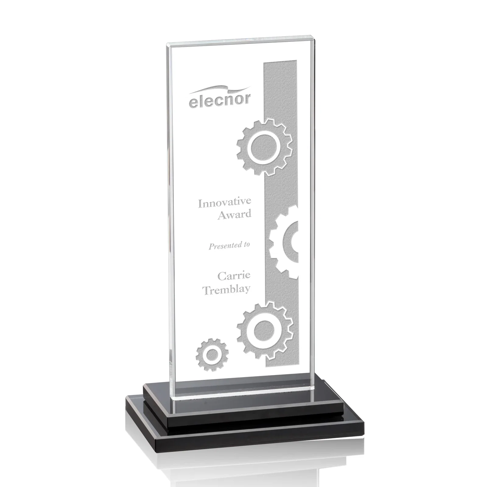 Custom Starfire Crystal Rectangle Award on Stepped White Base, awards for company anniversary events