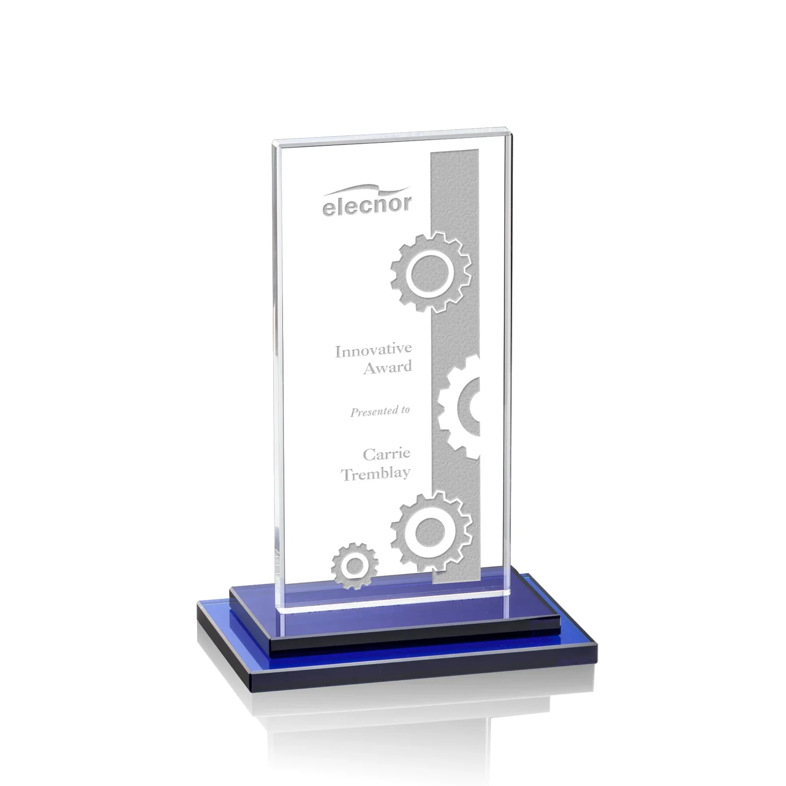 Personalized Starfire Crystal Rectangle Award on Stepped White Base, awards for corporate award ceremonies
