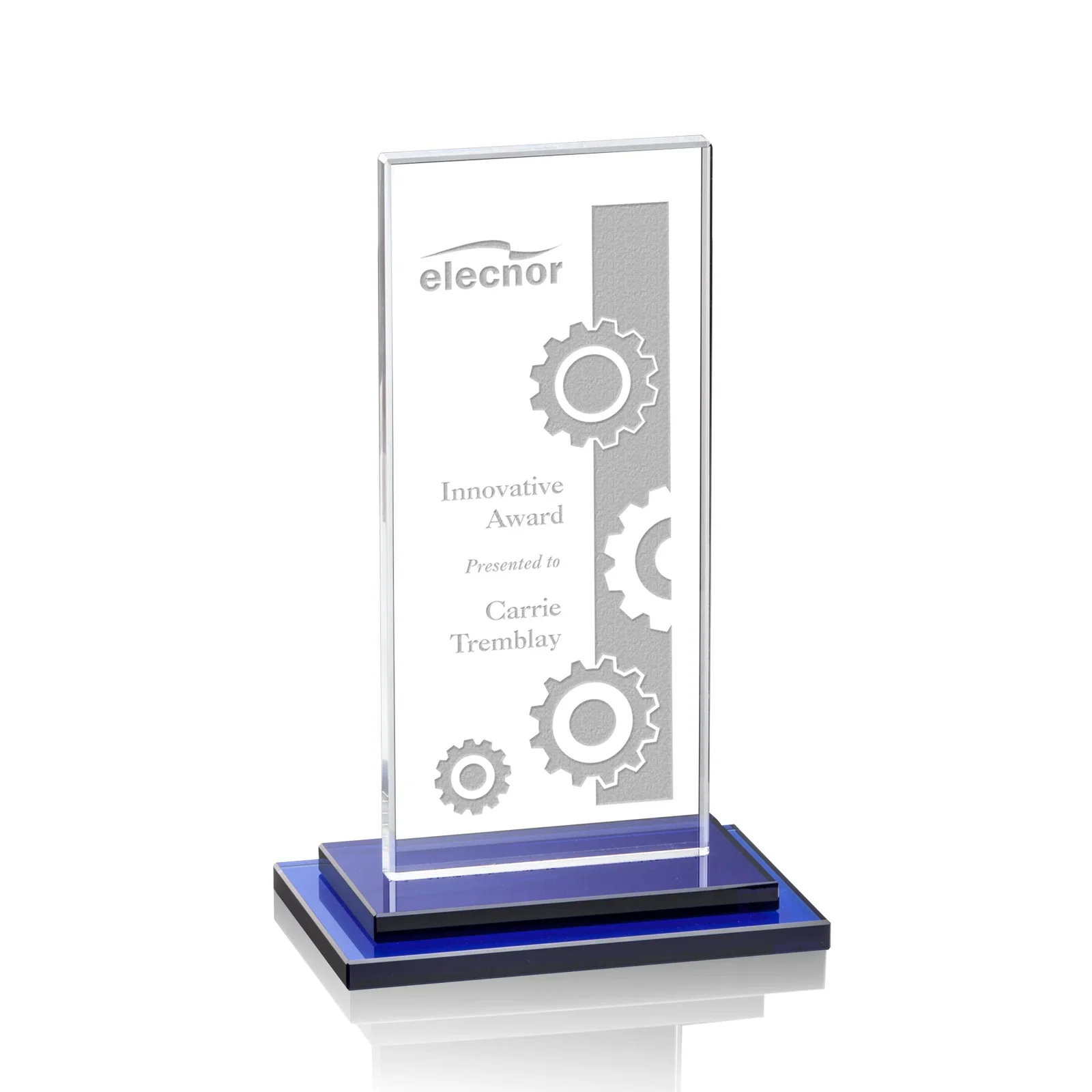 Personalized Starfire Crystal Rectangle Award on Stepped White Base, awards for service anniversary gifts