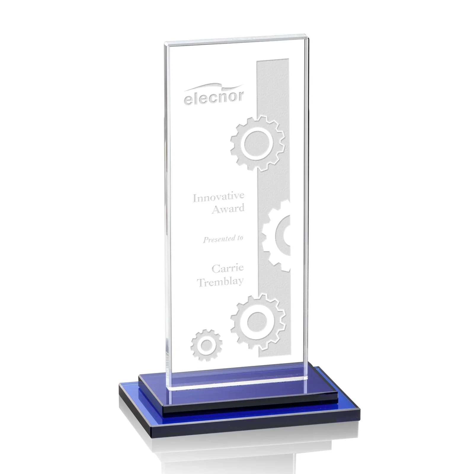 Personalized Starfire Crystal Rectangle Award on Stepped White Base, awards for sales achievement awards