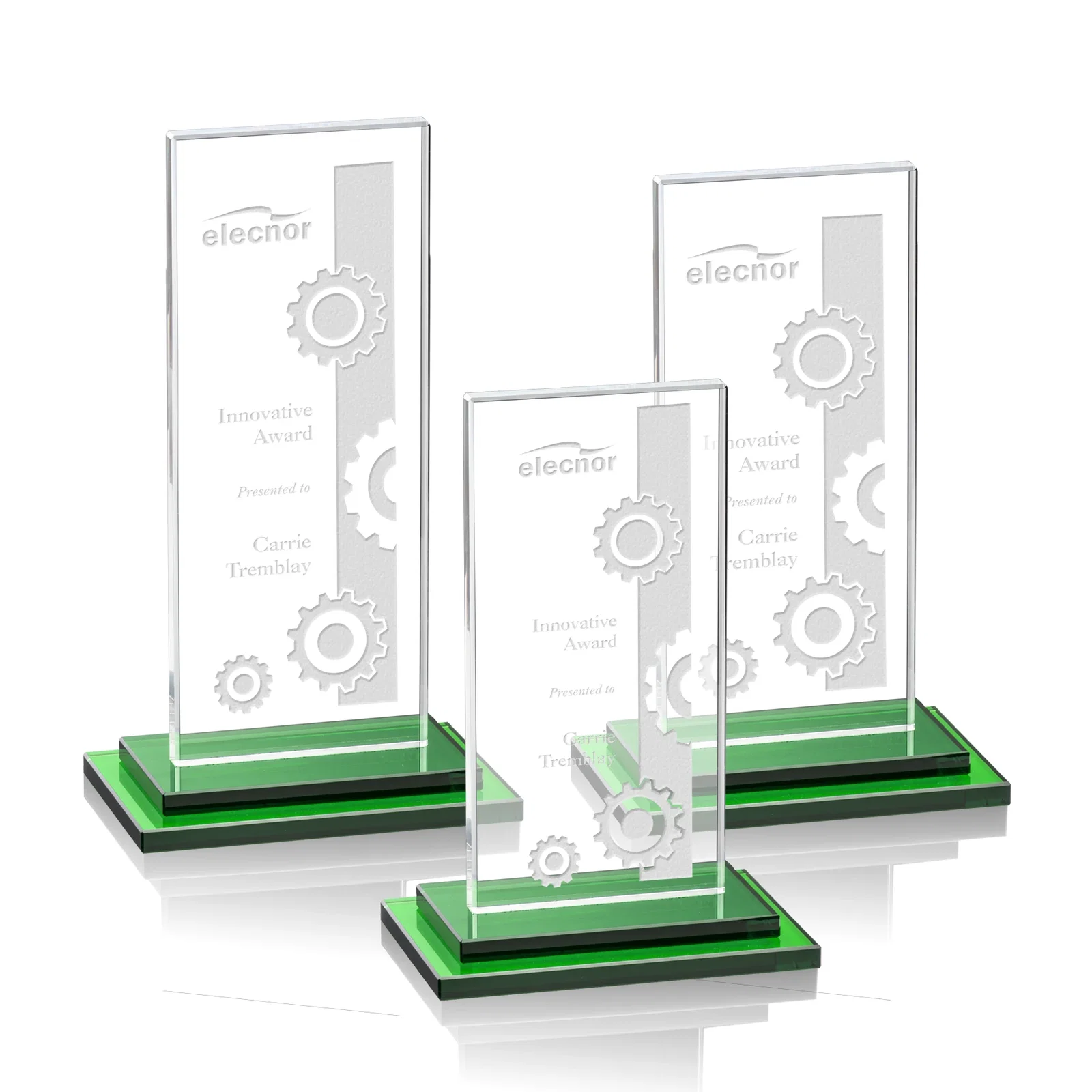 Personalized Starfire Crystal Rectangle Award on Stepped White Base, awards for retirement presentations