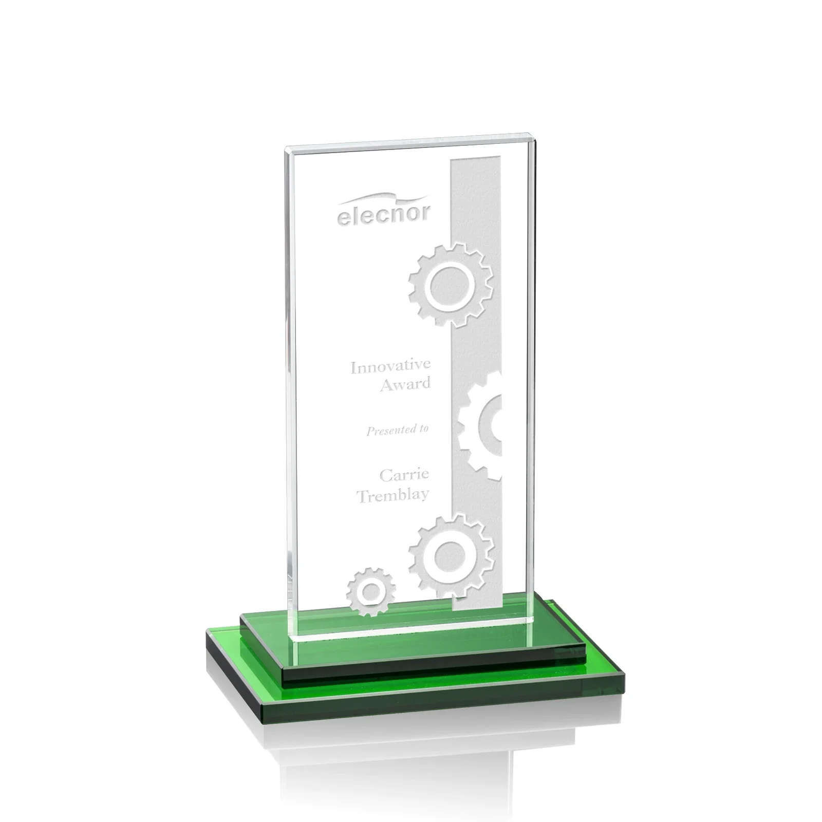 Personalized Starfire Crystal Rectangle Award on Stepped White Base, awards for team milestone celebrations