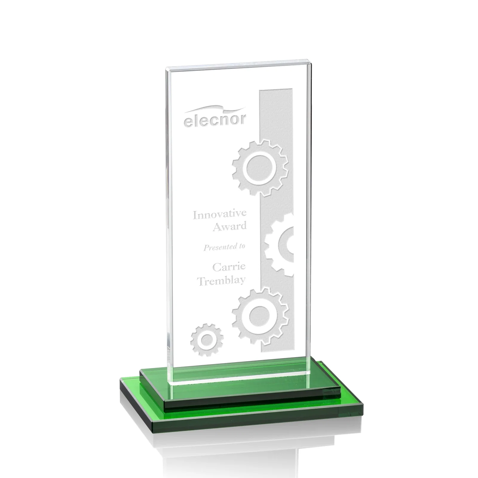 Personalized Starfire Crystal Rectangle Award on Stepped White Base, awards for donor appreciation