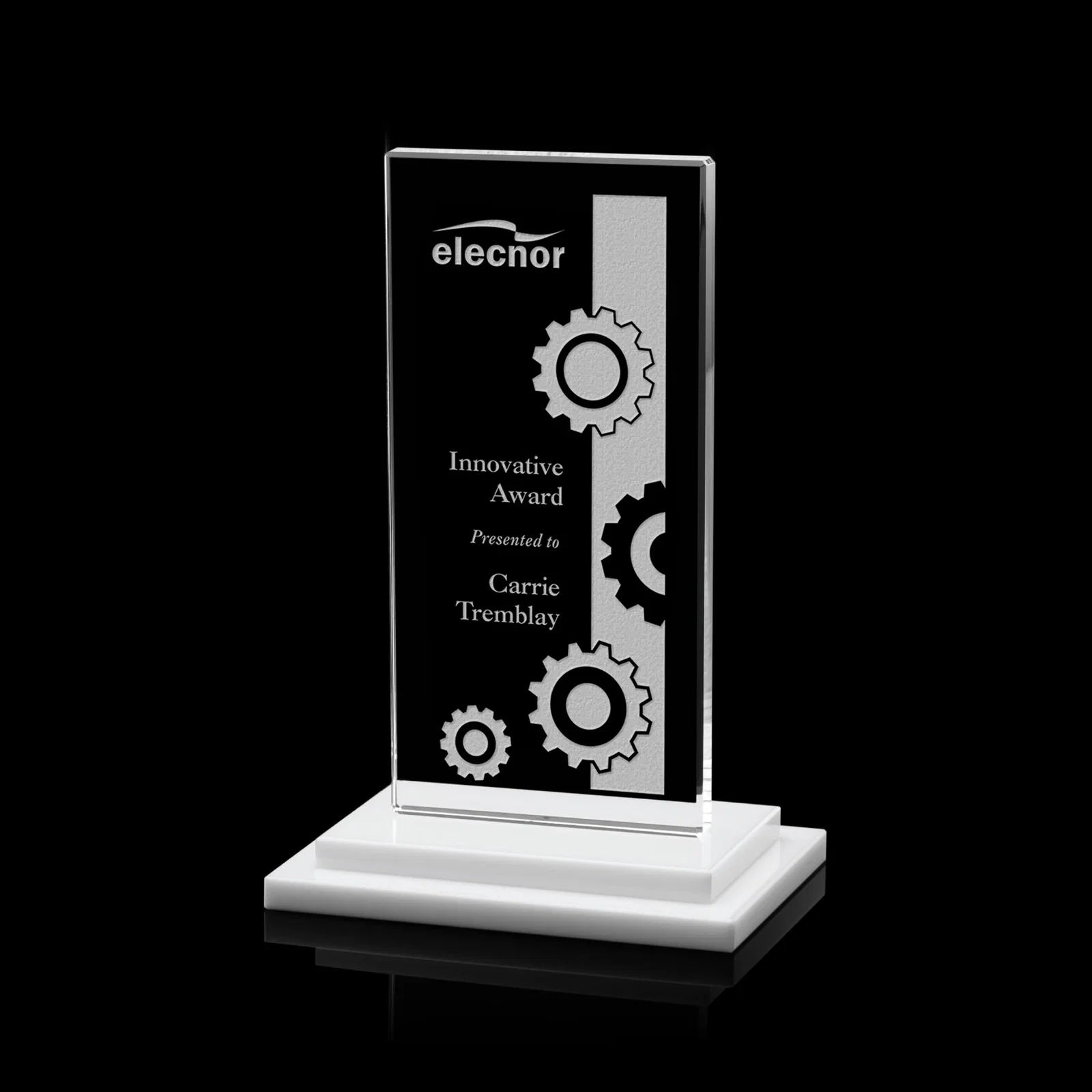 Custom Starfire Crystal Rectangle Award on Stepped White Base, awards for corporate award ceremonies