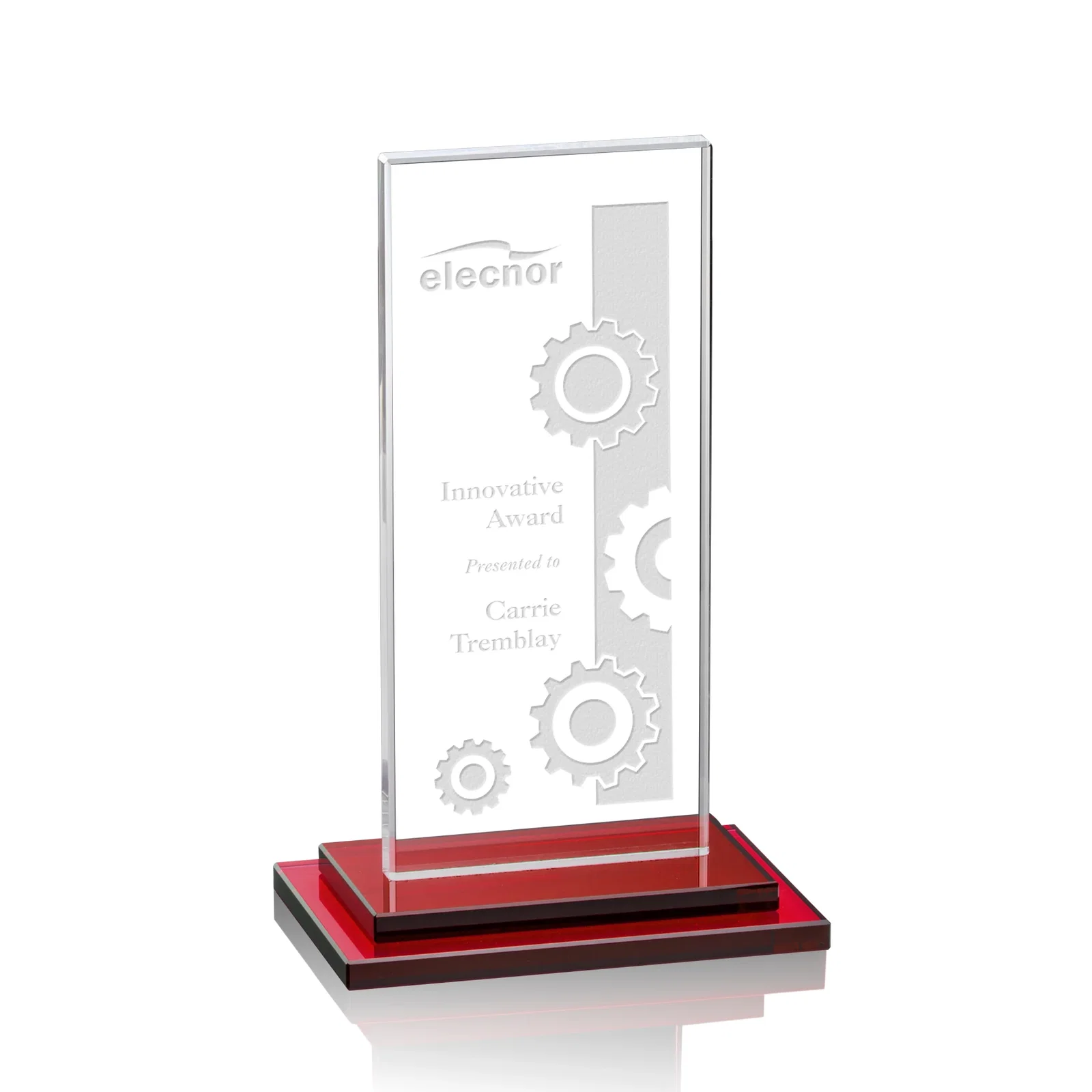 Personalized Starfire Crystal Rectangle Award on Stepped White Base, awards for dealer and partner awards