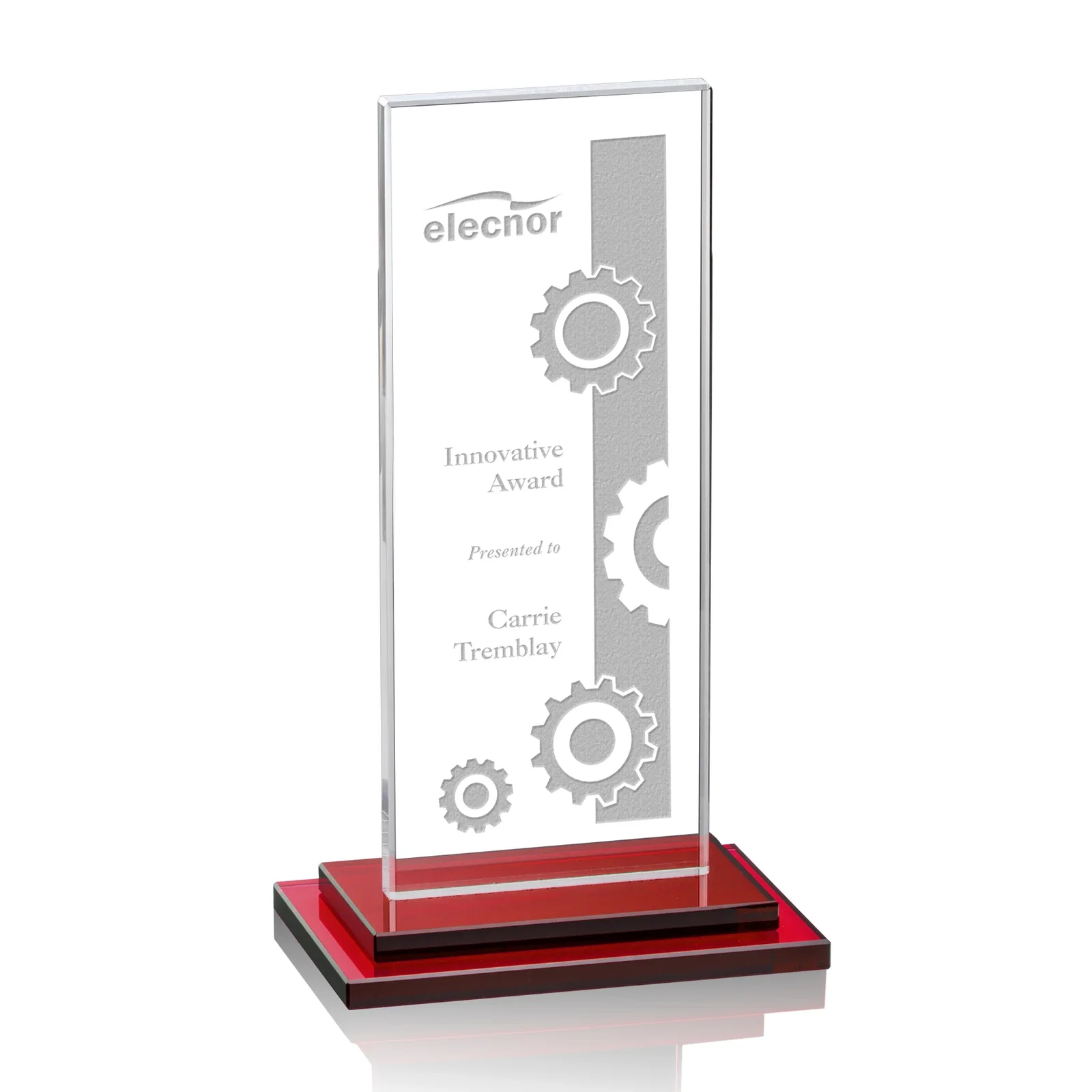Personalized Starfire Crystal Rectangle Award on Stepped White Base, awards for company anniversary events