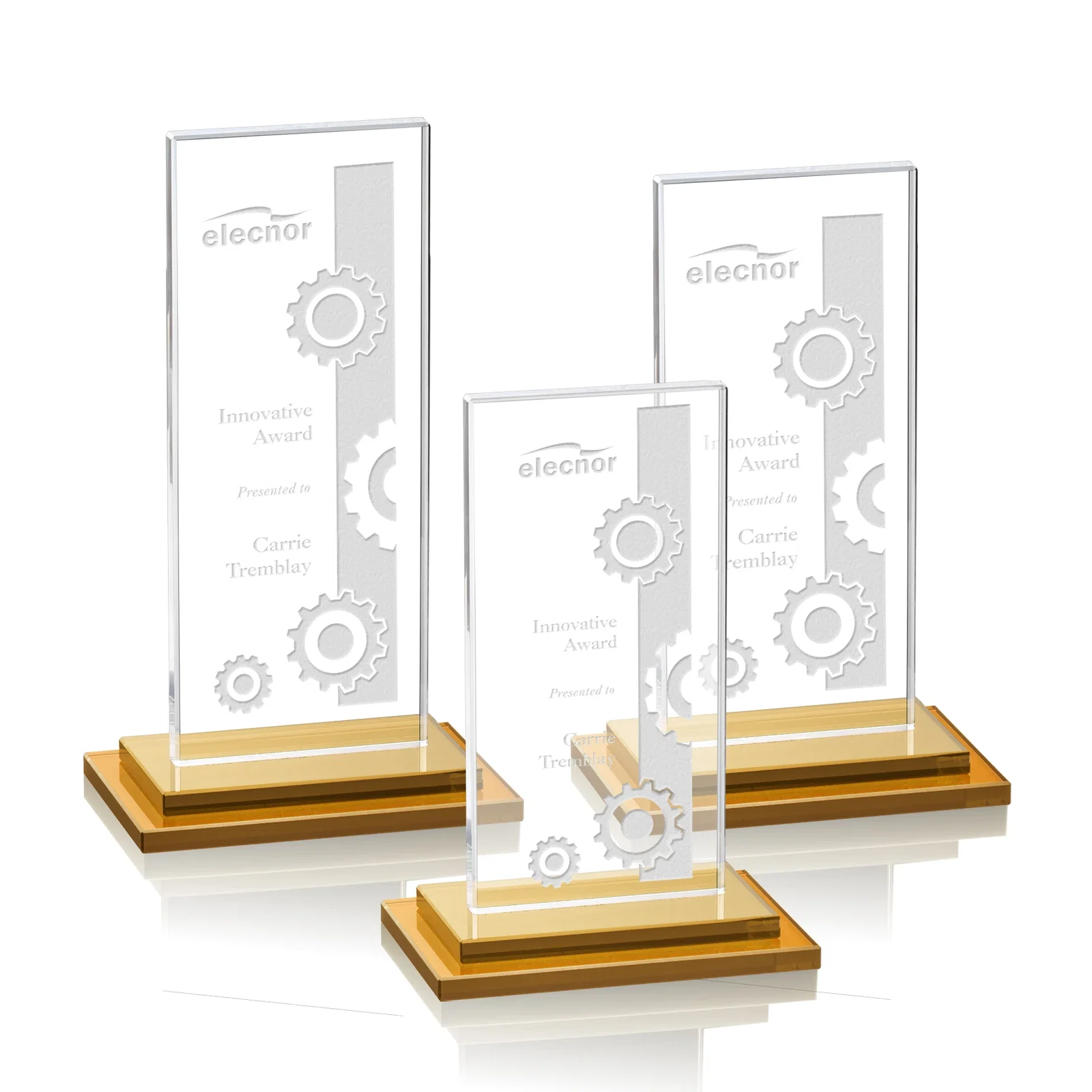 Promotional Starfire Crystal Rectangle Award on Stepped White Base, awards for employee recognition