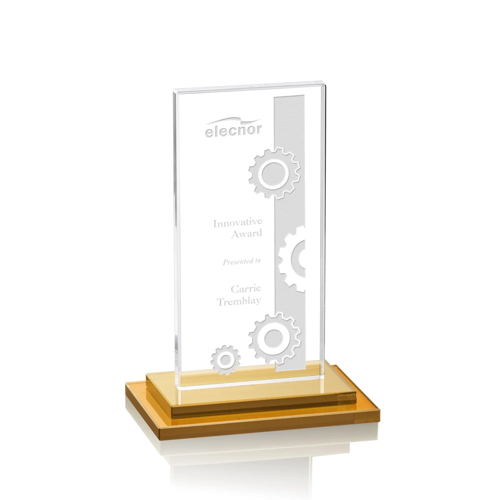 Promotional Starfire Crystal Rectangle Award on Stepped White Base, awards for corporate award ceremonies