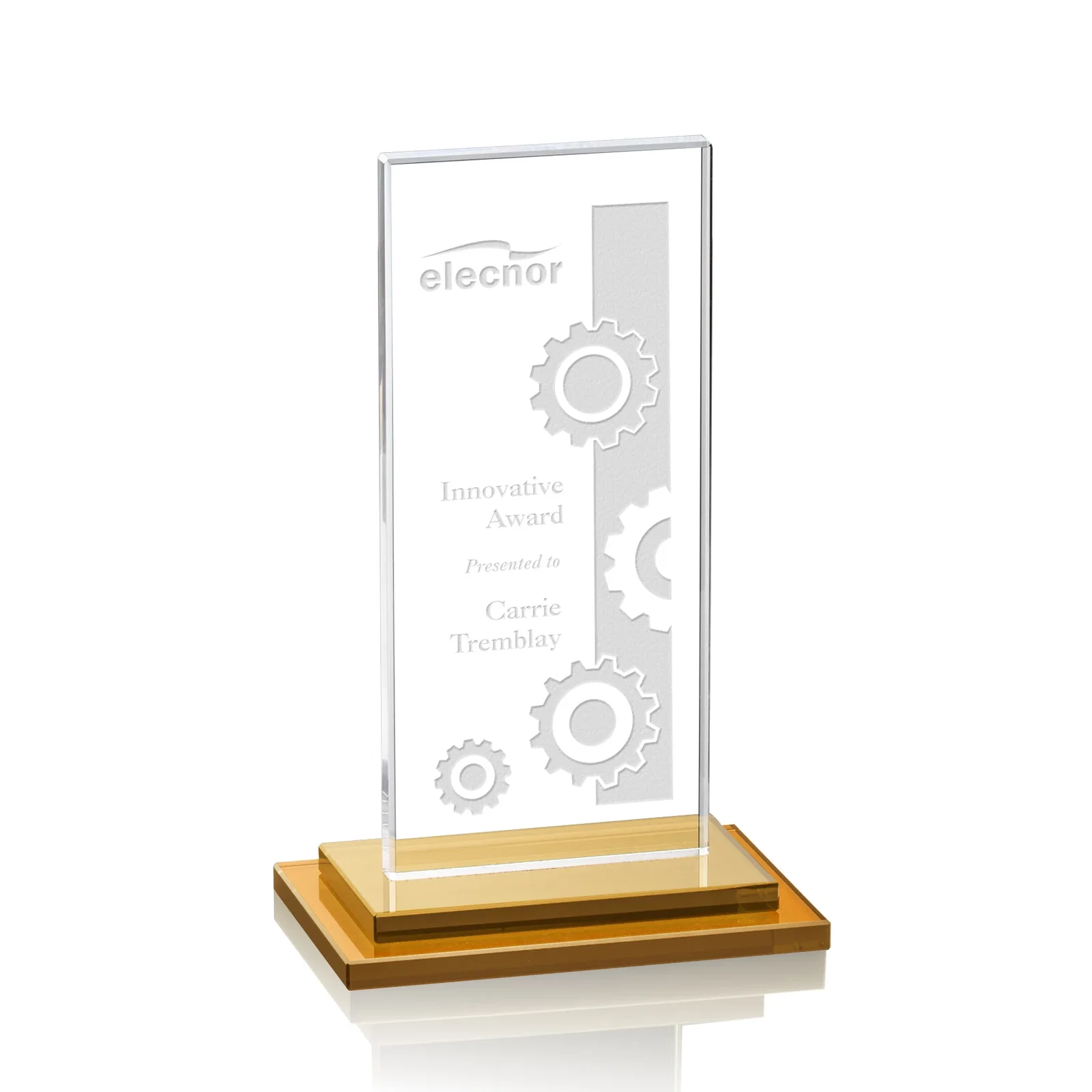 Promotional Starfire Crystal Rectangle Award on Stepped White Base, awards for service anniversary gifts