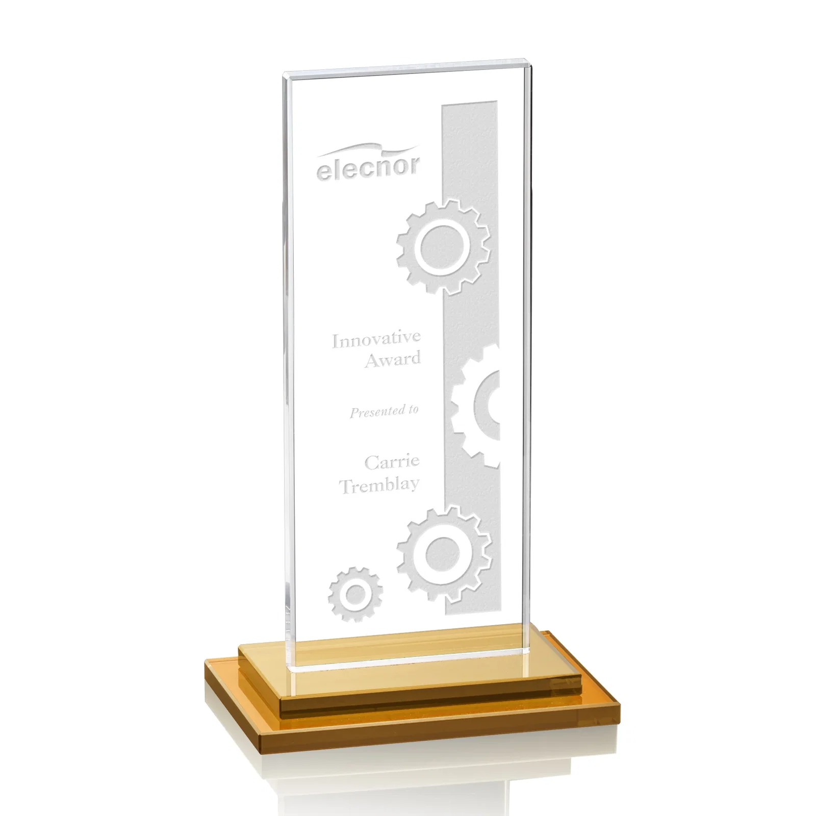 Promotional Starfire Crystal Rectangle Award on Stepped White Base, awards for sales achievement awards