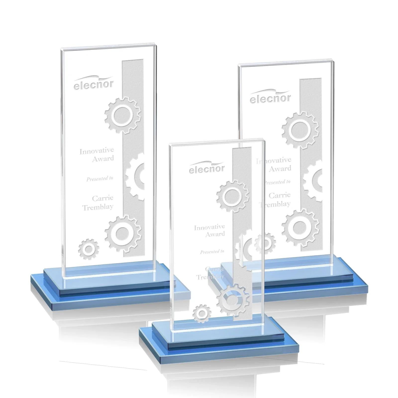 Promotional Starfire Crystal Rectangle Award on Stepped White Base, awards for retirement presentations