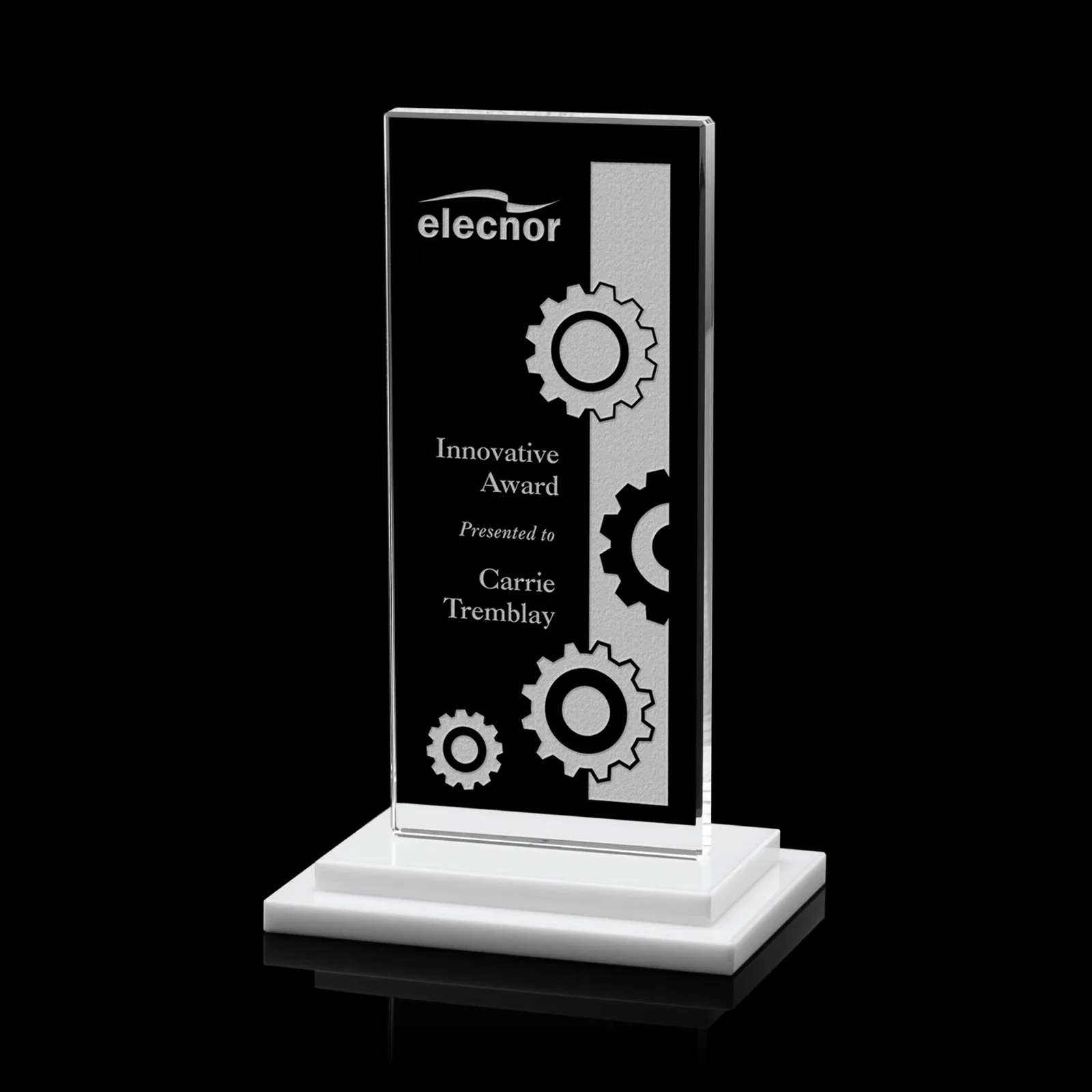 Custom Starfire Crystal Rectangle Award on Stepped White Base, awards for service anniversary gifts