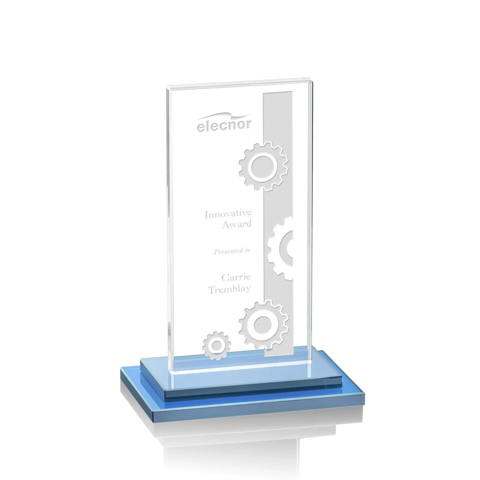 Promotional Starfire Crystal Rectangle Award on Stepped White Base, awards for team milestone celebrations
