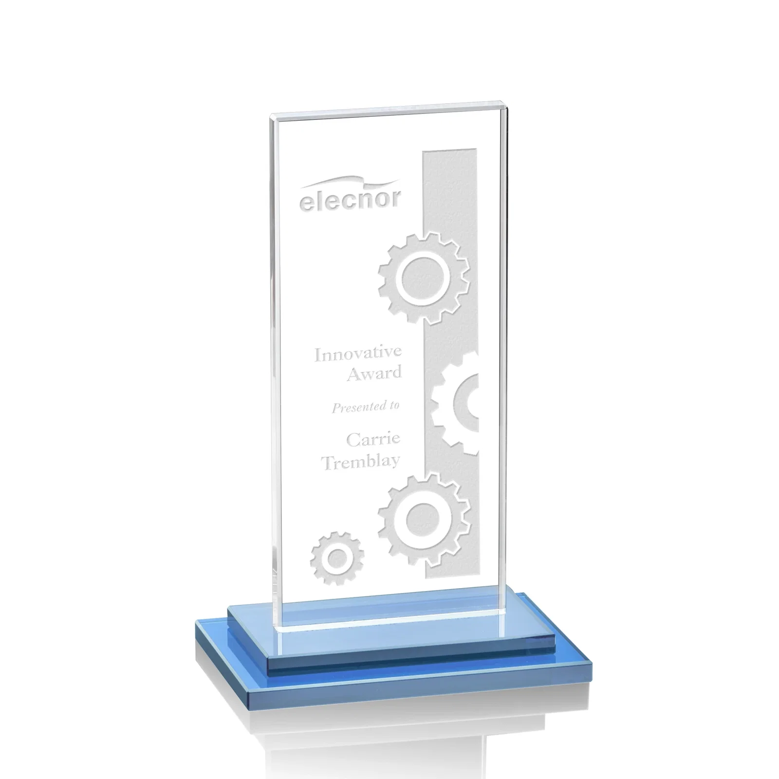 Promotional Starfire Crystal Rectangle Award on Stepped White Base, awards for donor appreciation