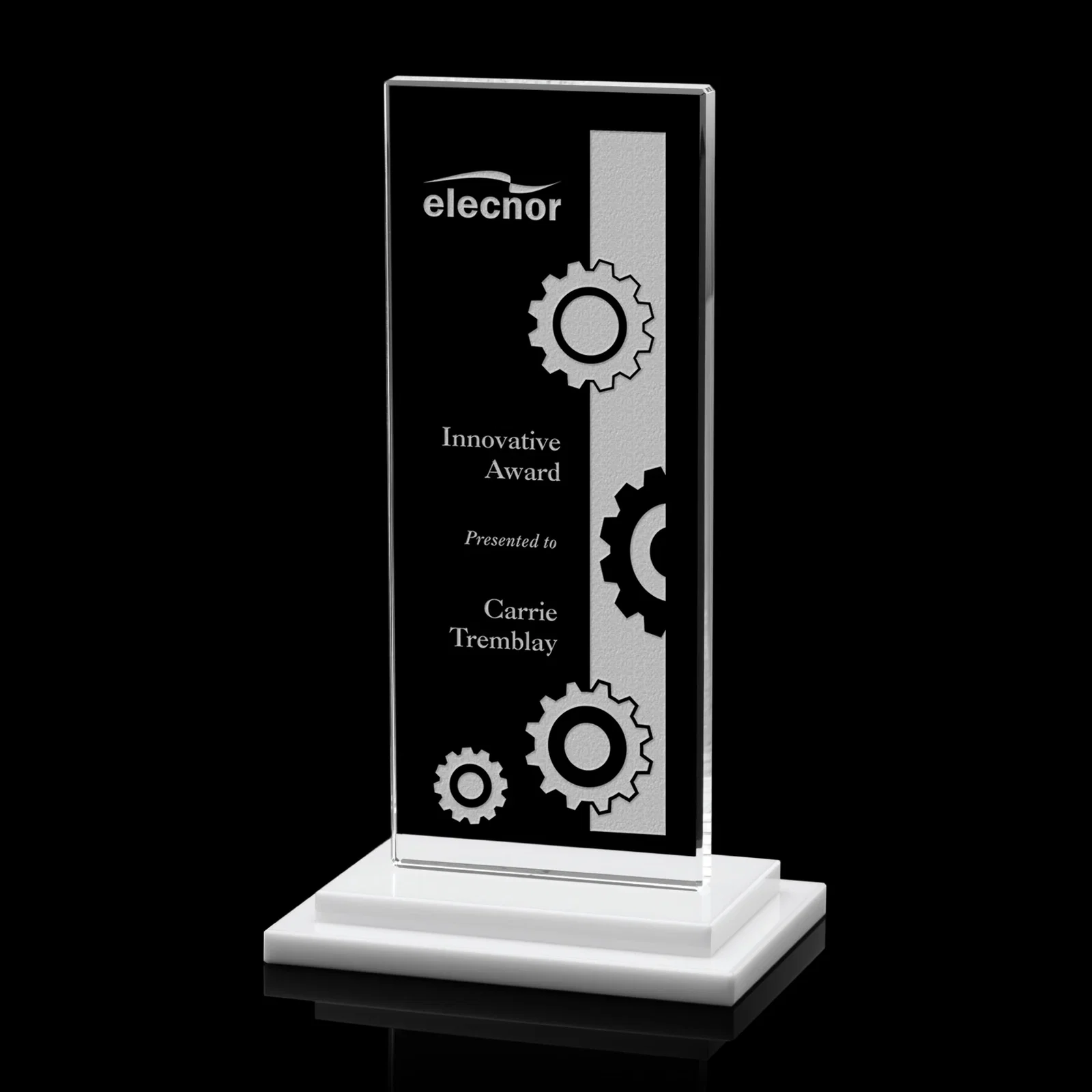 Custom Starfire Crystal Rectangle Award on Stepped White Base, awards for sales achievement awards