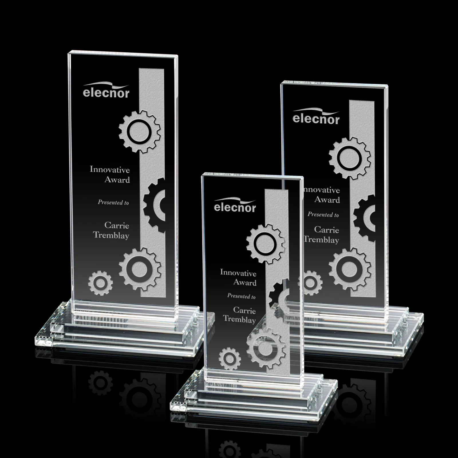 Custom Starfire Crystal Rectangle Award on Stepped White Base, awards for retirement presentations