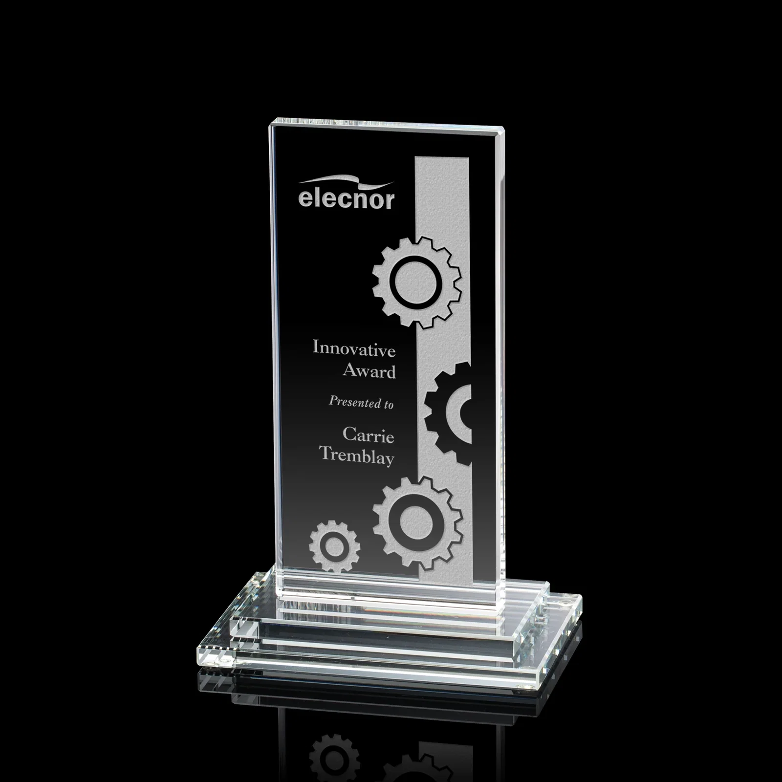 Custom Starfire Crystal Rectangle Award on Stepped White Base, awards for team milestone celebrations