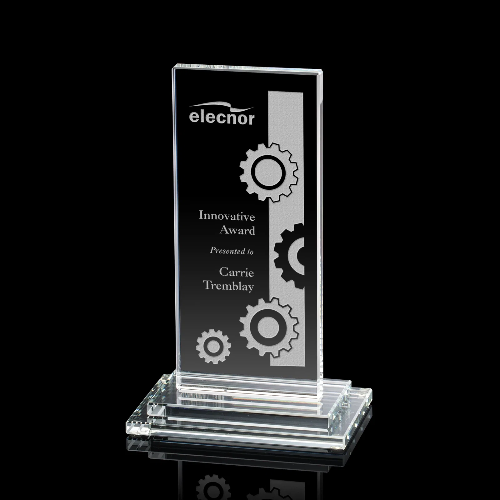 Custom Starfire Crystal Rectangle Award on Stepped White Base, awards for donor appreciation