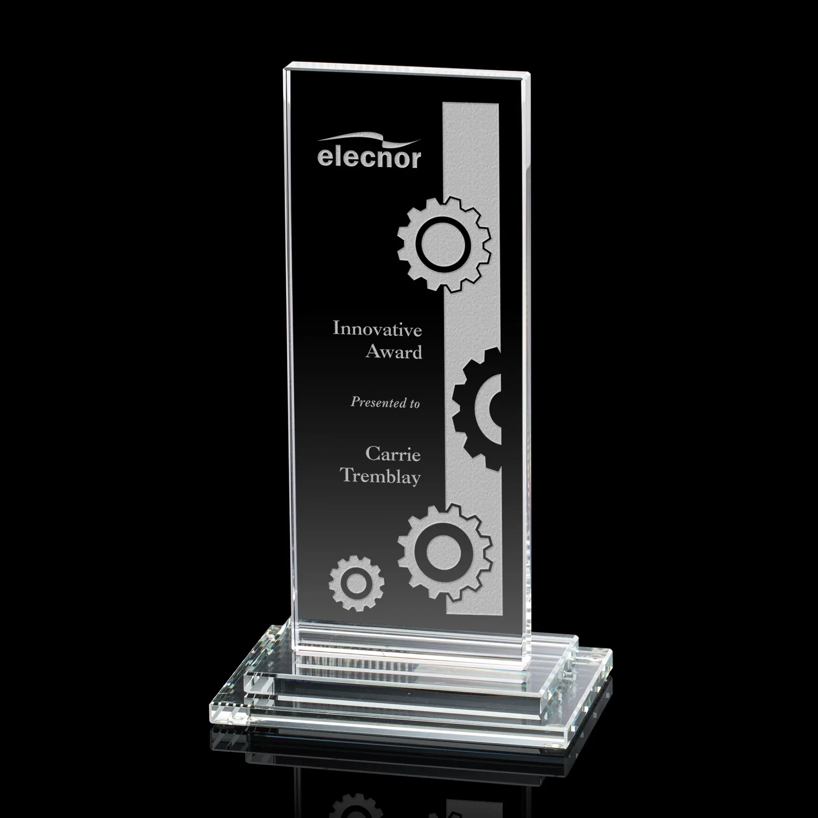 Custom Starfire Crystal Rectangle Award on Stepped White Base, awards for graduation ceremonies