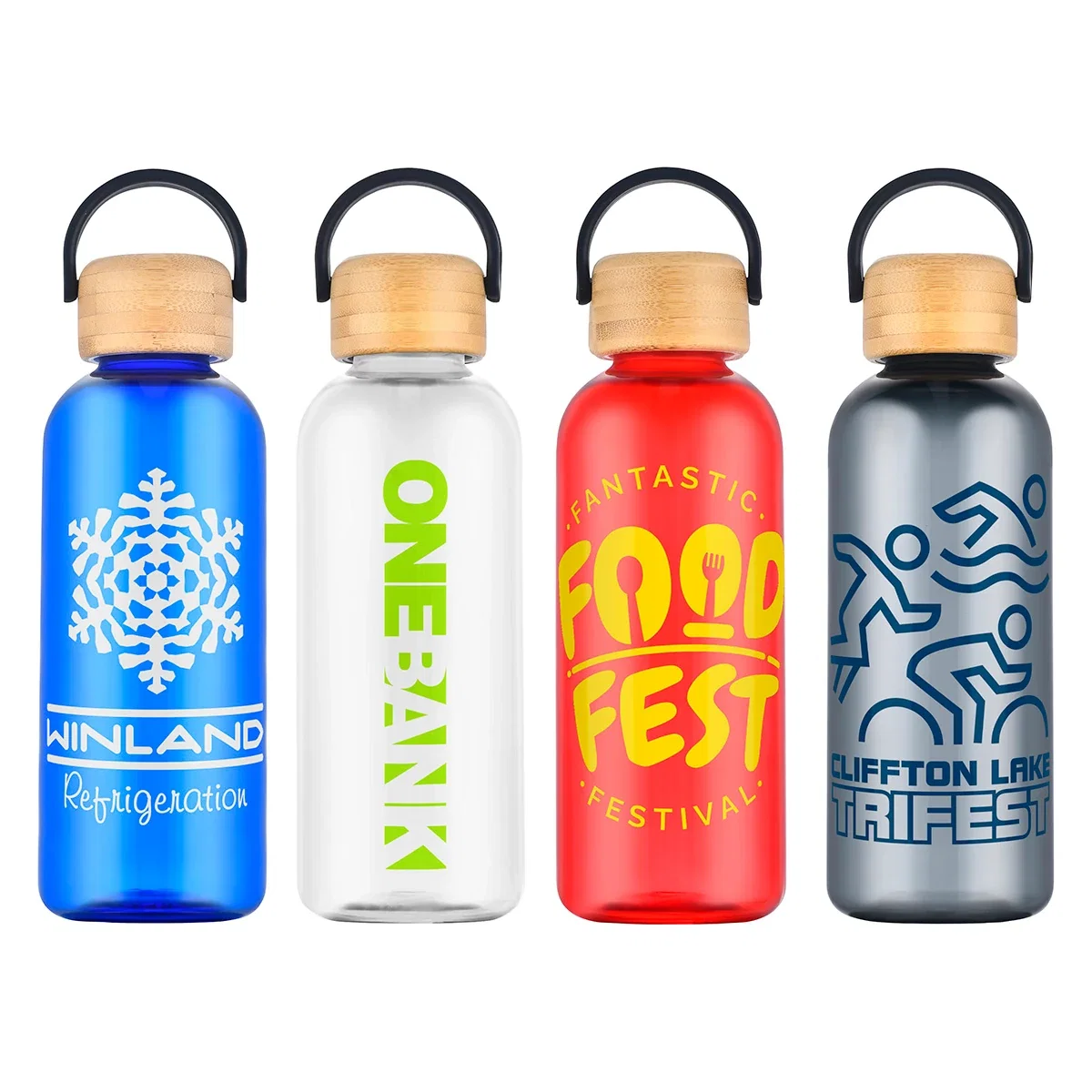 Custom Sanzio 21 oz RPET Bottle with Bamboo Lid, front view of the branded bottle