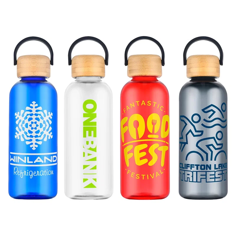 Custom Sanzio 21 oz RPET Bottle with Bamboo Lid, front view of the branded bottle