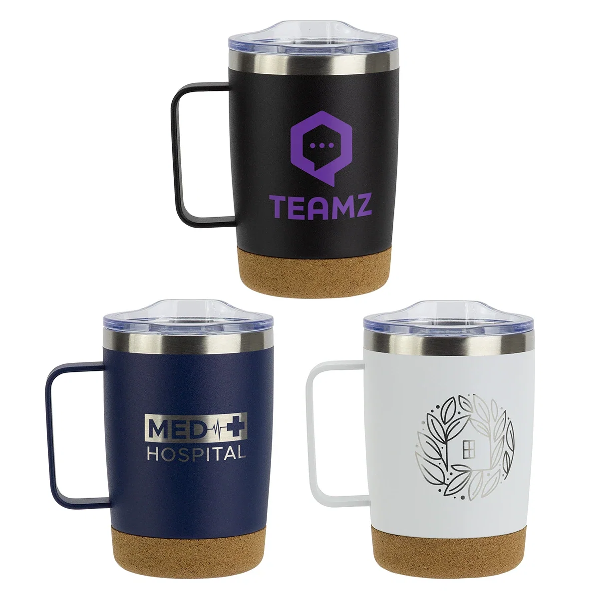 Sapora 12 oz cork base insulated mug with custom logo and metal handle