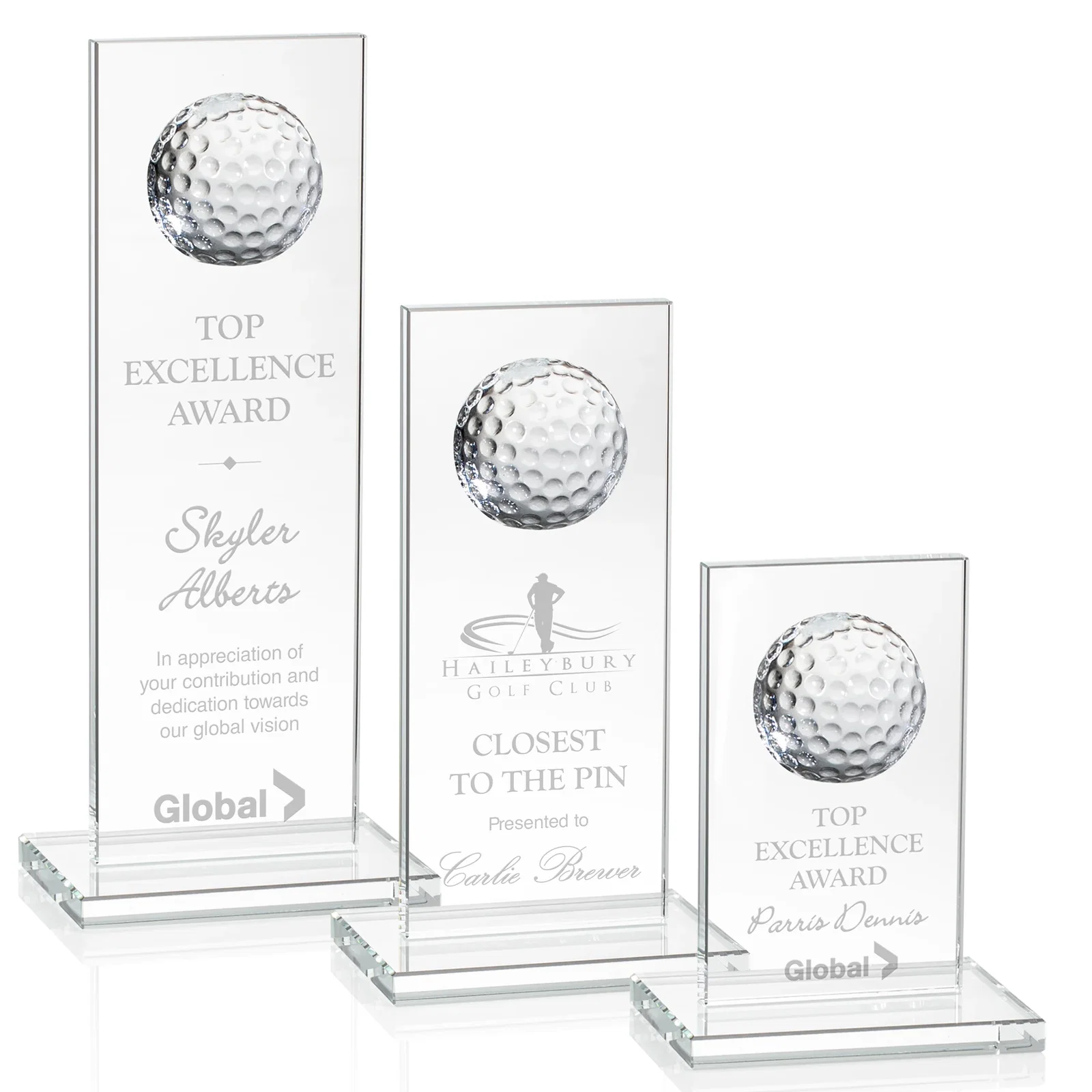 Custom Starfire Crystal Award with Ball on Vertical Upright for employee recognition
