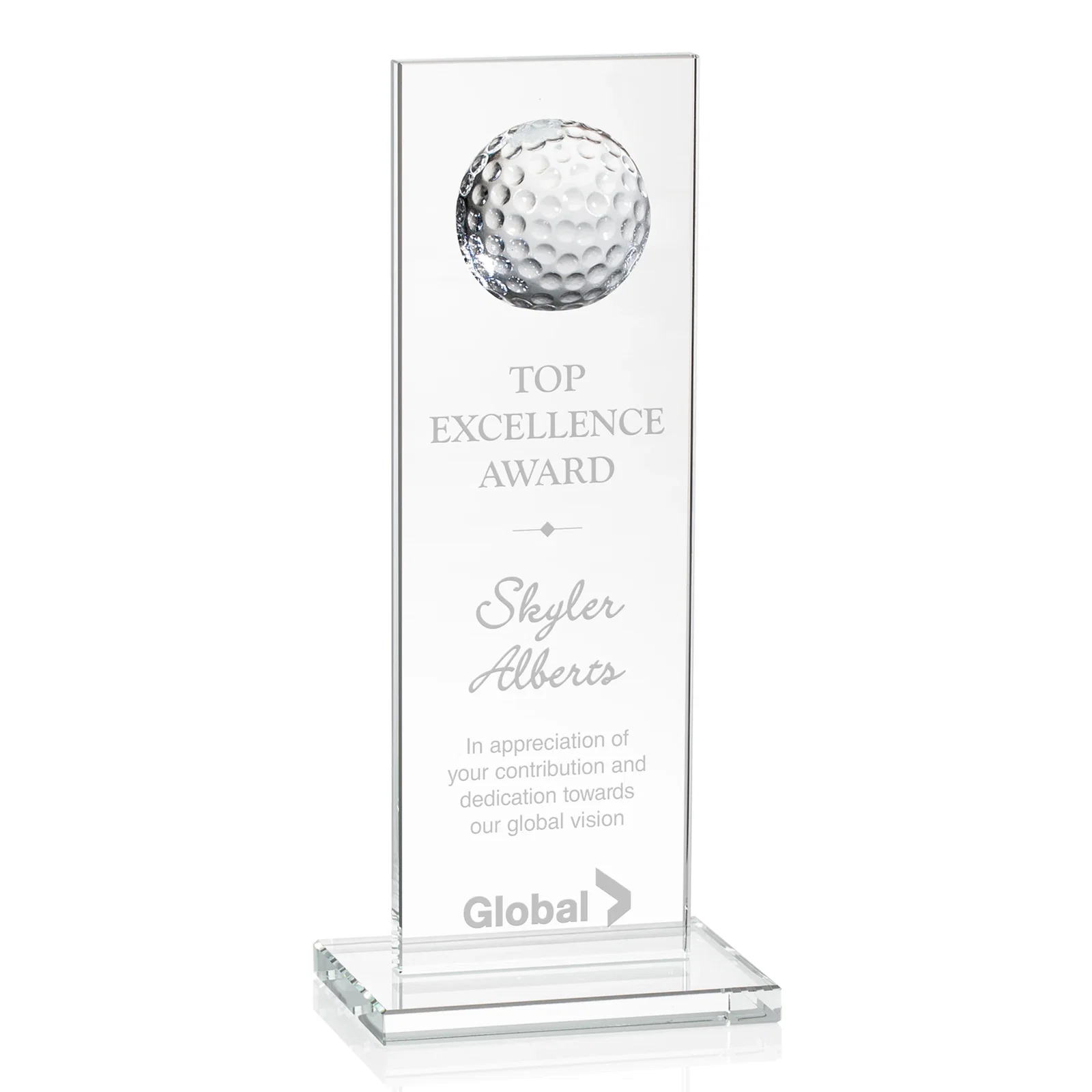 Custom Starfire Crystal Award with Ball on Vertical Upright for sales achievement awards