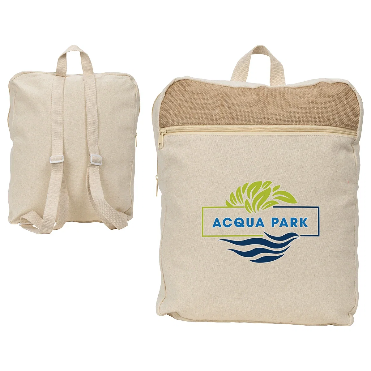 Custom Savanna Jute & Recycled Cotton Backpack, front view of the branded backpack