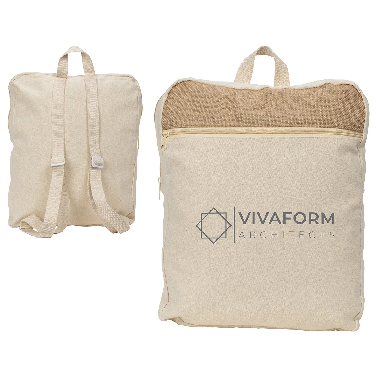 Side profile of the branded Savanna Jute & Recycled Cotton Backpack