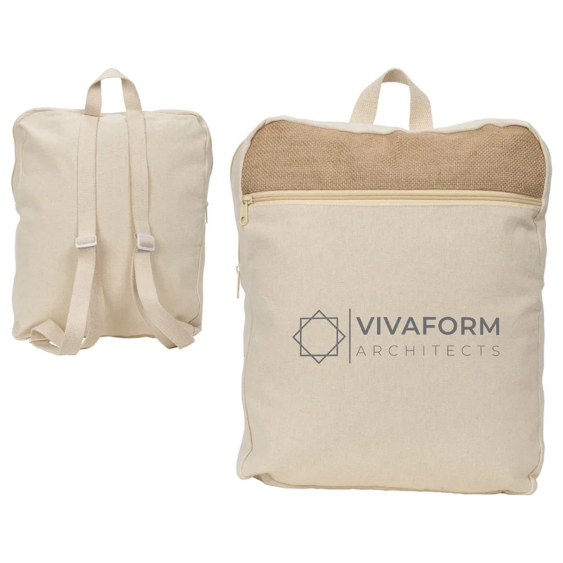 Side profile of the branded Savanna Jute & Recycled Cotton Backpack