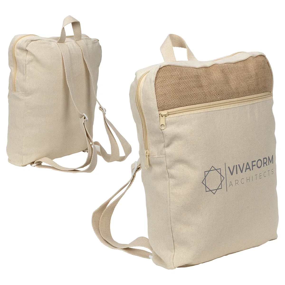 Promotional Savanna Backpack on a desk, branded jute cotton backpack lifestyle shot
