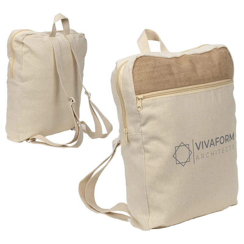 Promotional Savanna Backpack on a desk, branded jute cotton backpack lifestyle shot