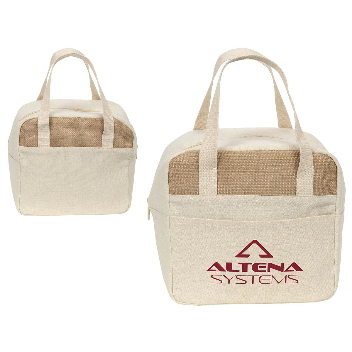 Close-up of the custom Savanna Jute & Recycled Cotton Cooler Bag's logo imprint area