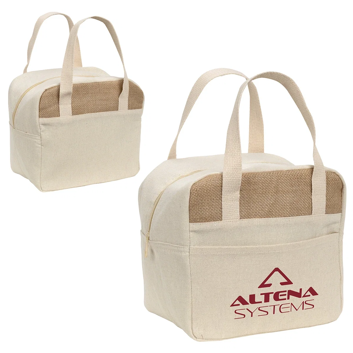 Open view of the branded Savanna Jute & Recycled Cotton Cooler Bag showing the insulated interior
