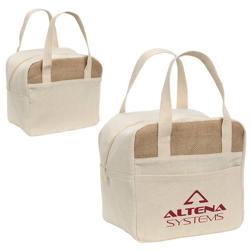 Open view of the branded Savanna Jute & Recycled Cotton Cooler Bag showing the insulated interior