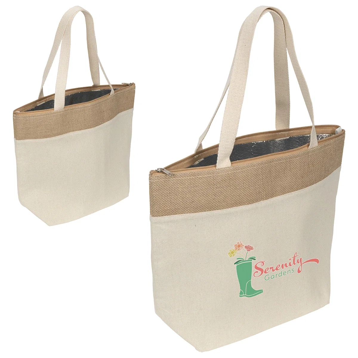 Side profile of the promotional Savanna Jute cooler tote showing the insulated lining