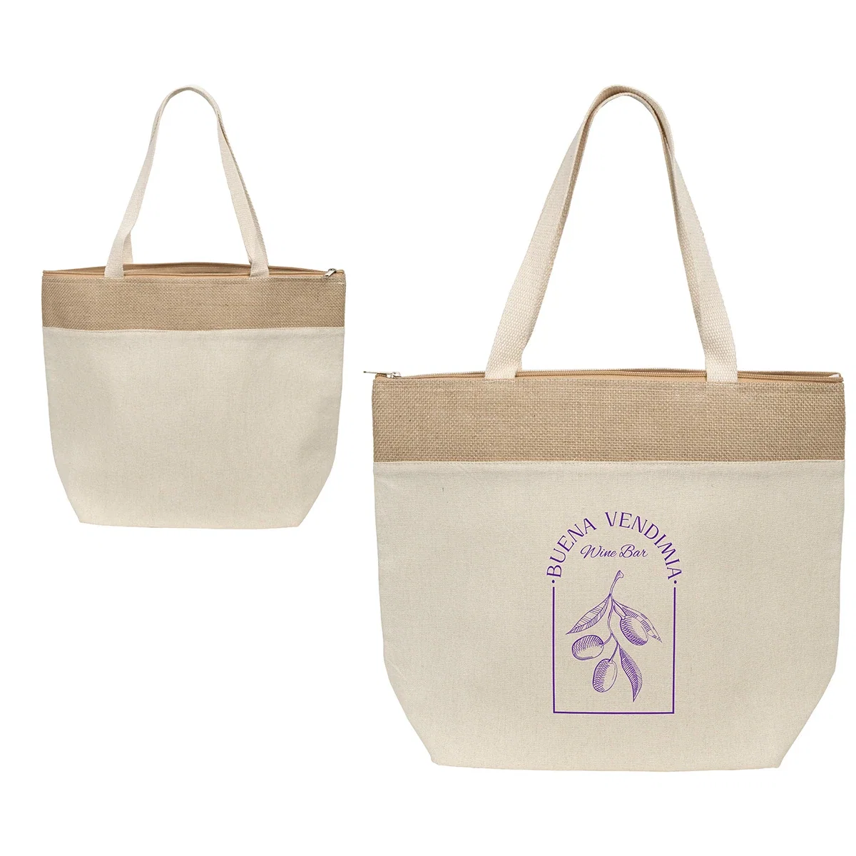 Close-up of the custom Savanna Jute & Recycled Cotton Cooler Tote's logo imprint area