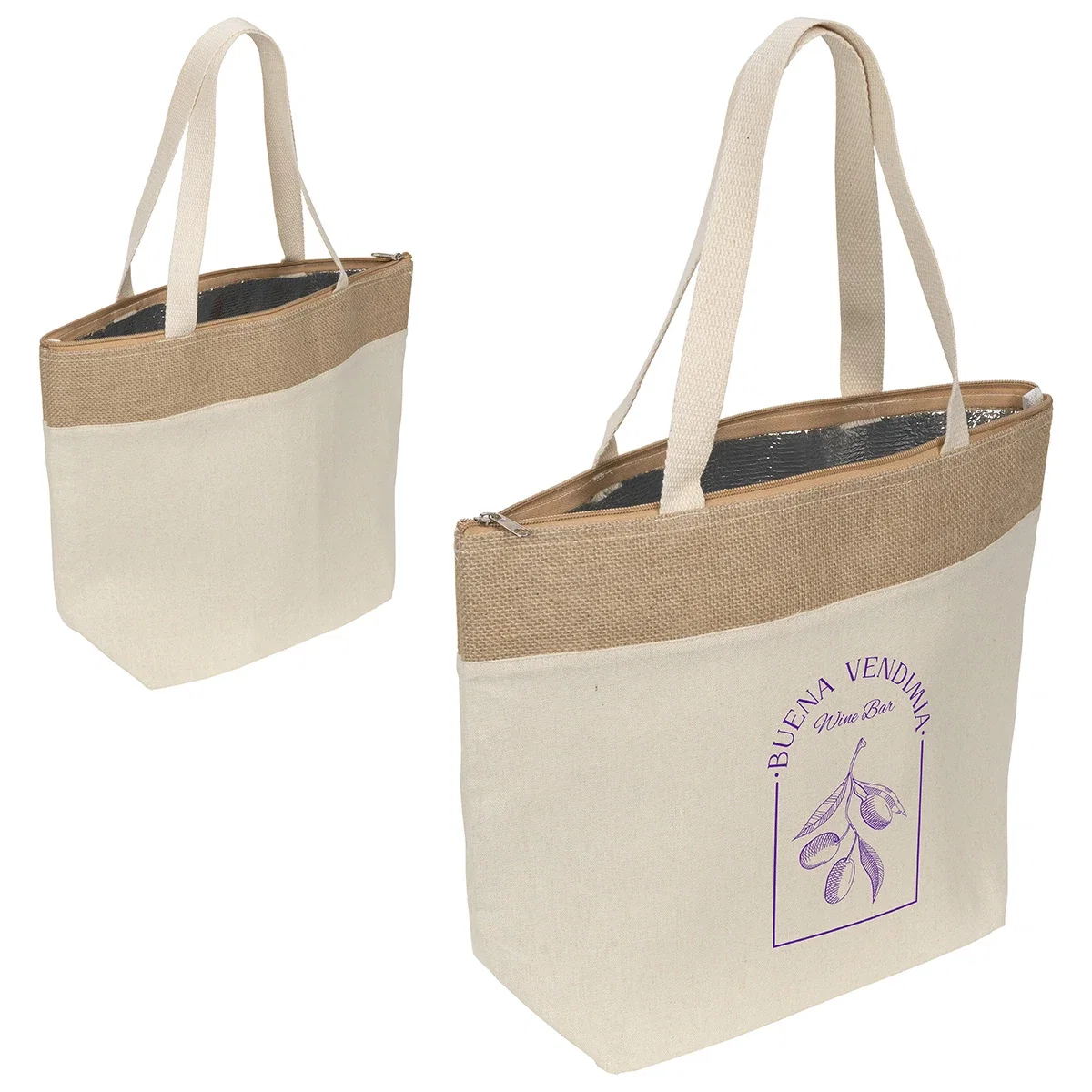 Savanna Jute Cooler Tote packed with drinks, branded cooler bag lifestyle shot