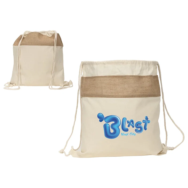 Custom Savanna Jute & Recycled Cotton Drawstring Backpack, front view of the branded backpack